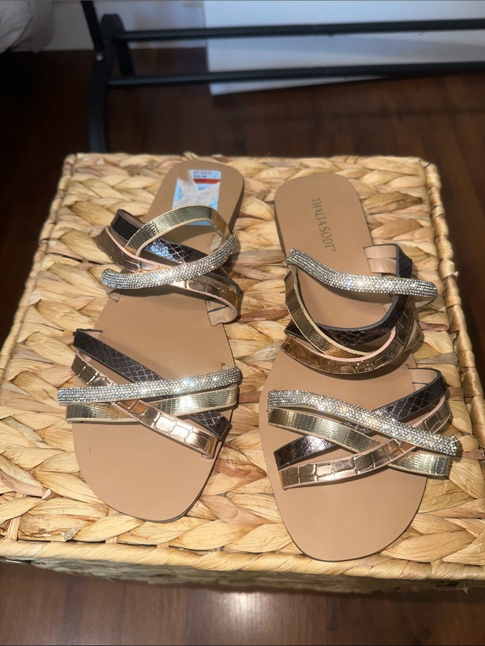 Thalia Sodi Rose Gold and Brown Metallic Crisscross Slide Sandals